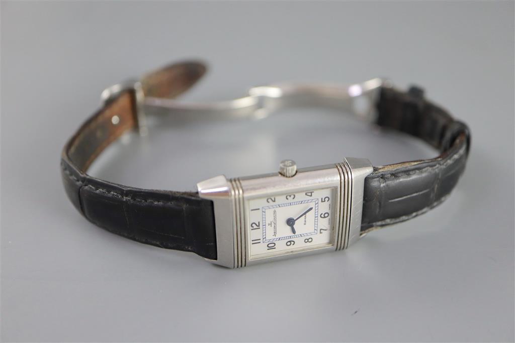 A ladys stainless steel Jaeger LeCoultre Reverso quartz wrist watch, on leather strap with Jaeger LeCoultre buckle,